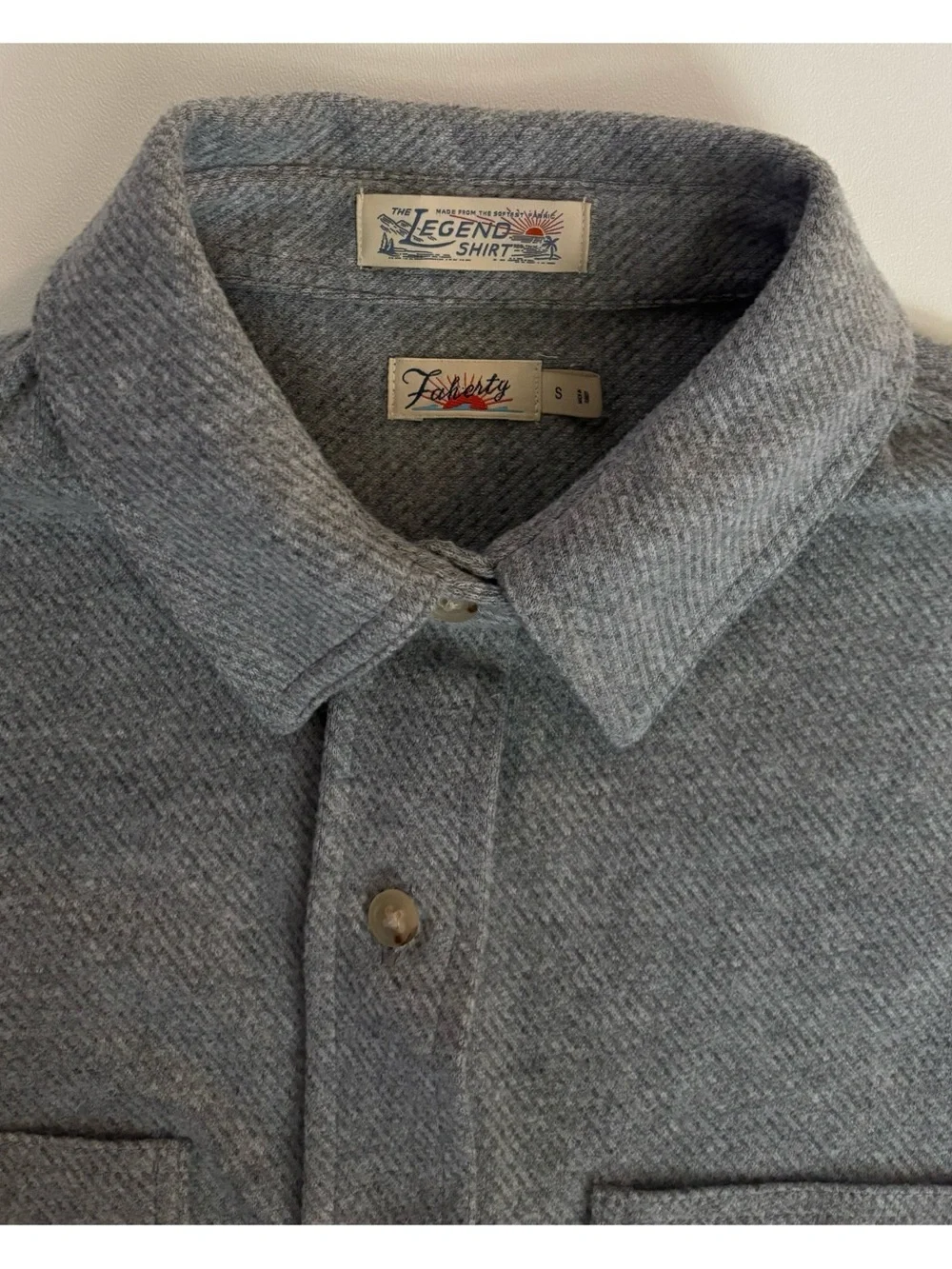 FAHERTY  ‘Legend’ Knit Sweater Shirt Fossil Grey Twill Size S $178~ New No Tags - Picture 7 of 8